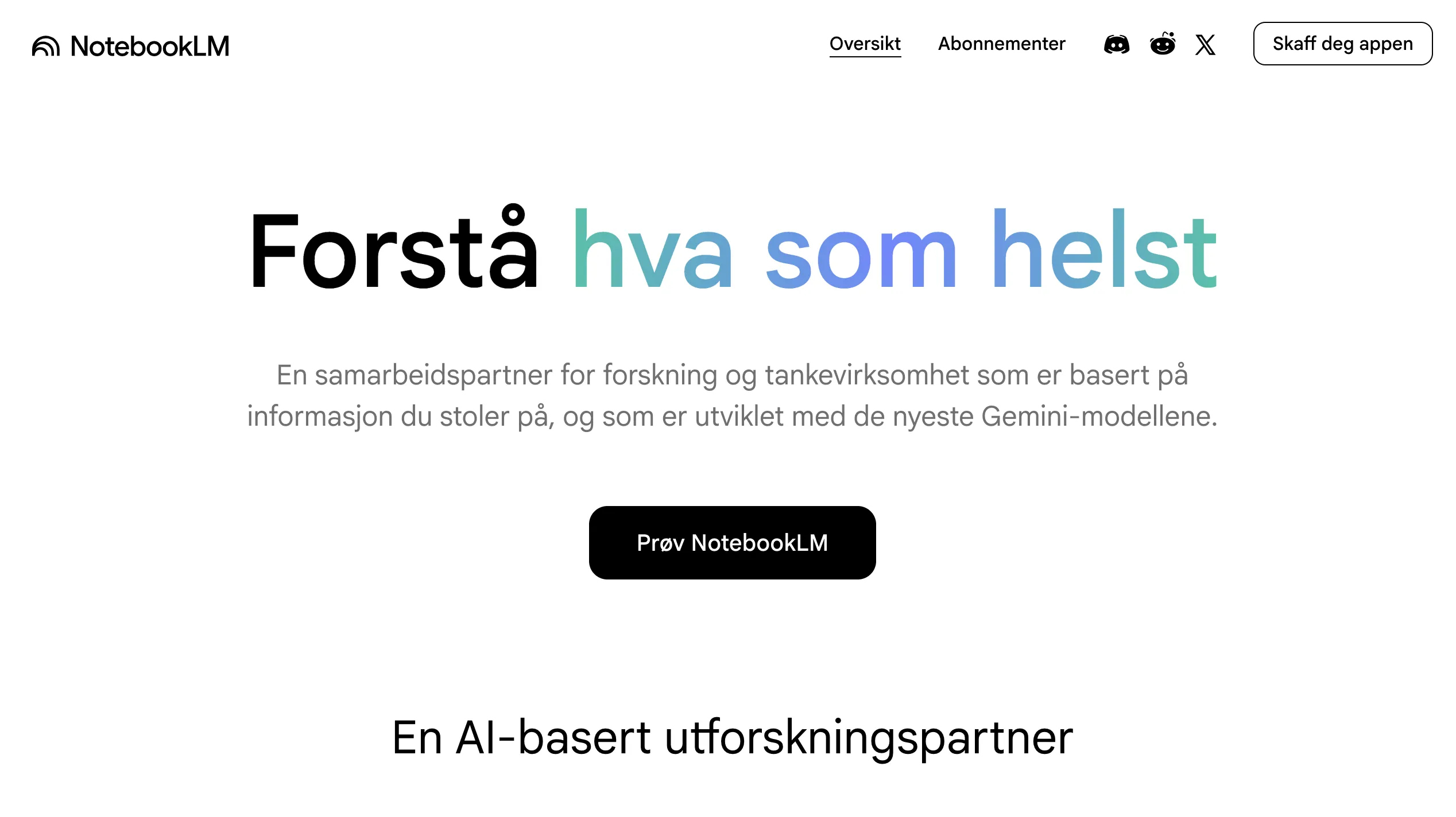 NotebookLM hovedside med slagordet Forstå hva som helst