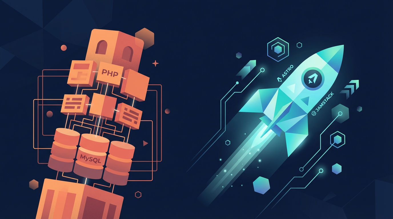 Illustrasjon som sammenligner WordPress monolittisk arkitektur med Astro og Sanity komposerbar arkitektur